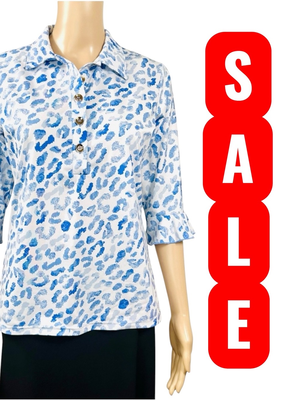 Ana Clare Active Watercolor Blue Leopard Print Button-Front Collared Shirt Sz S